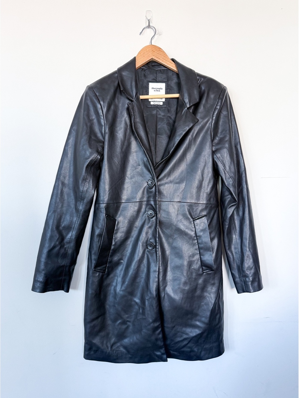 Abercrombie and Fitch Faux Vegan Leather Button Up Trench Coat Black Fall Pocket